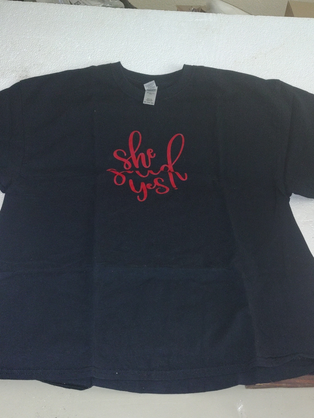 Gildan Black Kids Tee with Red "She Said Yes" Script